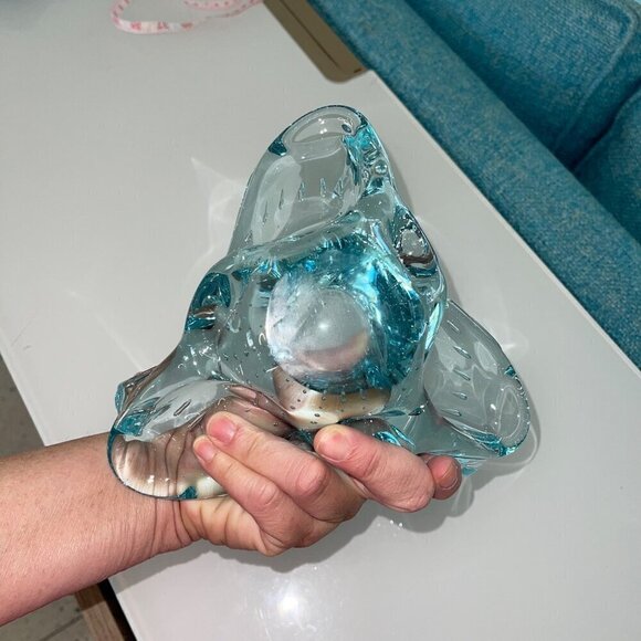 Vintage Mid Century Controlled Bubble Three Sided Glass Dish Blue - Picture 2 of 10